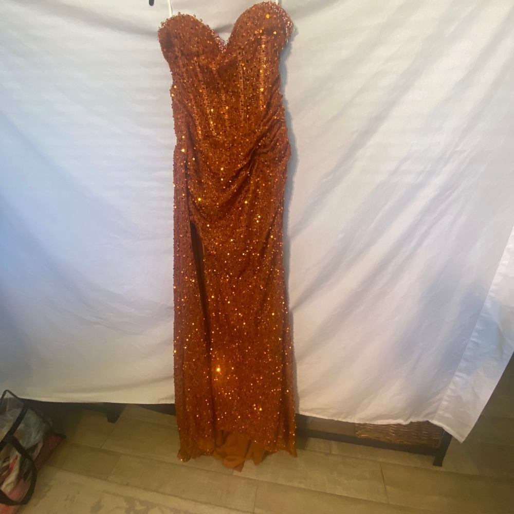 Ryanth Burnt Orange Sequin Corset Gown Beaded Sweetheart Prom Dress Lace Up Back